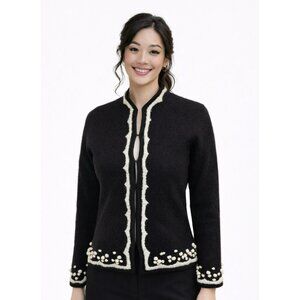 Carole Little 100% Wool Cardigan Sweater White Scalloped Trim Womens Black